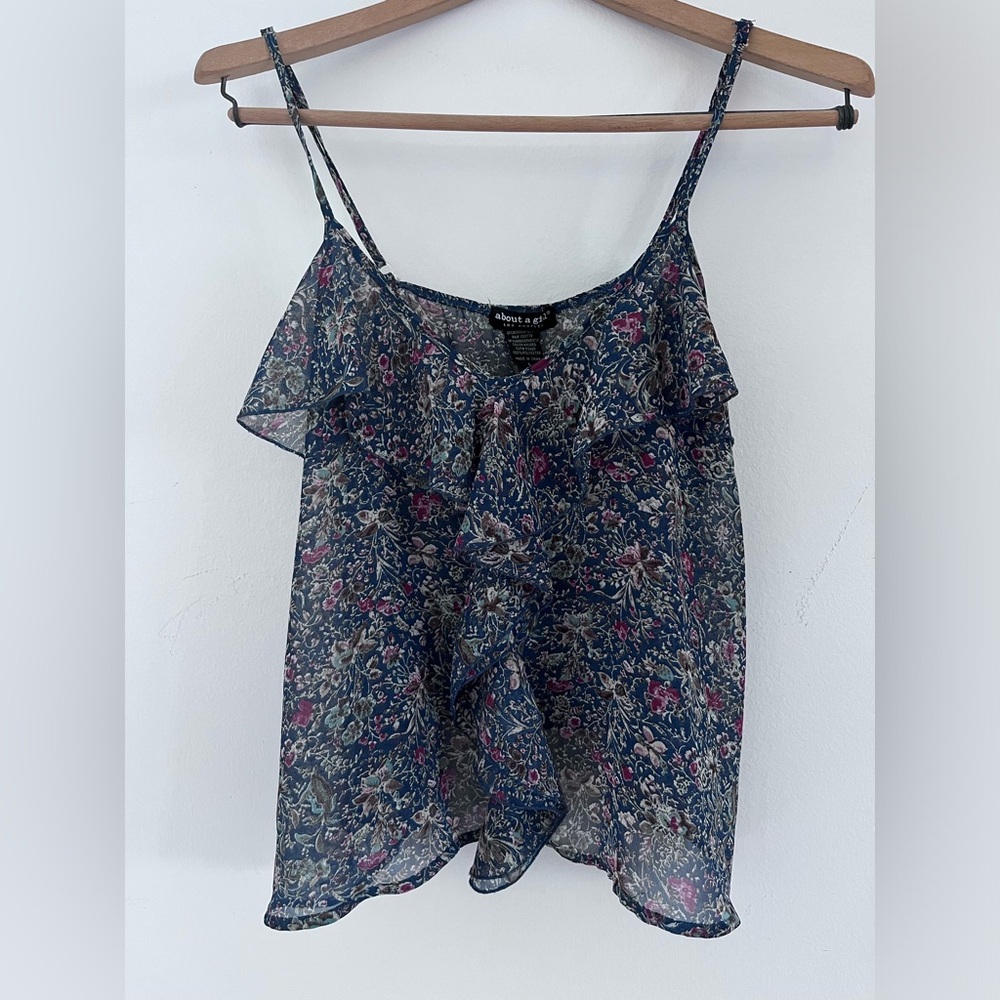About A Girl | Y2K Sheer Blue Floral Sheer Ruffle Spaghetti Strap Tank Cami L